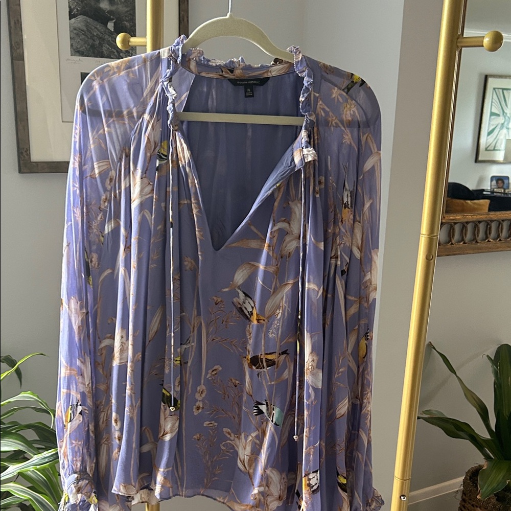 Banana Republic Lavender Floral Tie-Neck Blouse